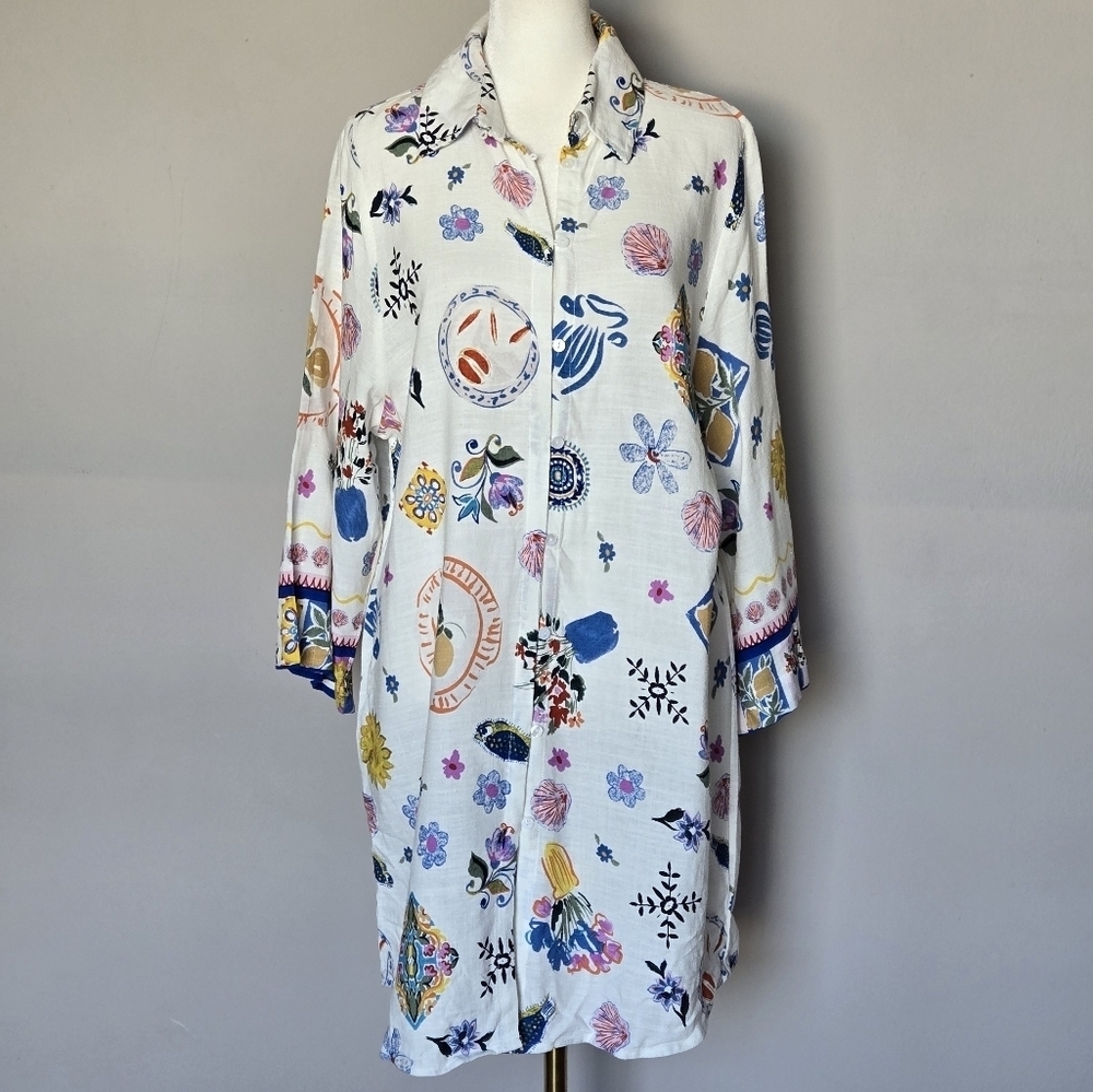 Label of Love Novelty Print White Linen Boho Shirt Dress Resort Vacation Size S